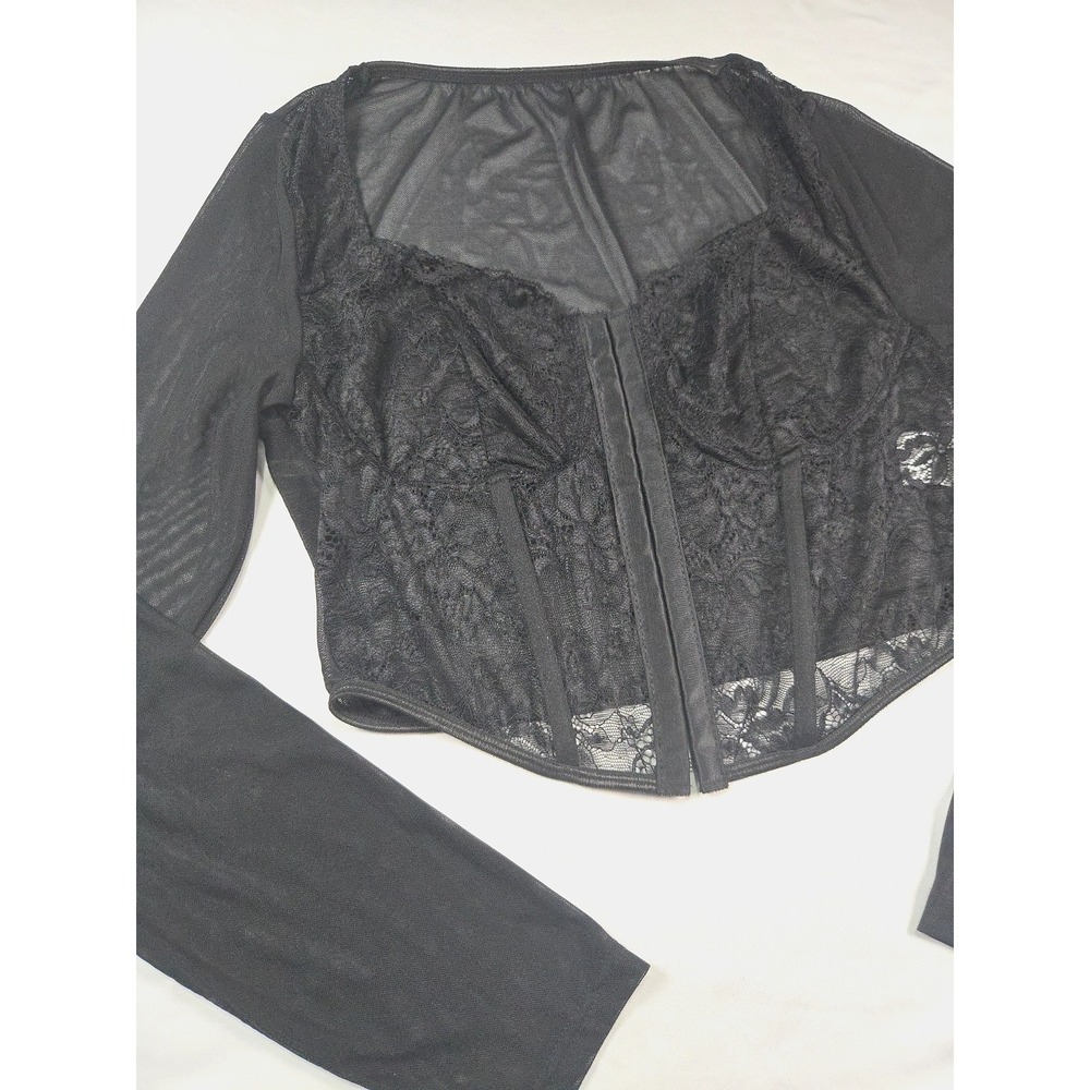 Black Lace Mesh Corset Crop Top Sz L Sheer Basque Hem Gothic Y2K Whimsygoth